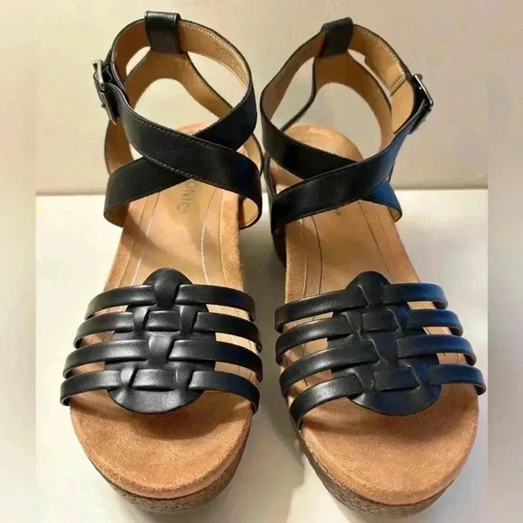 Vionic Clarisa Raffia Wedge Sandals Concealed Ortho Size 9 Black Leather - Picture 4 of 11